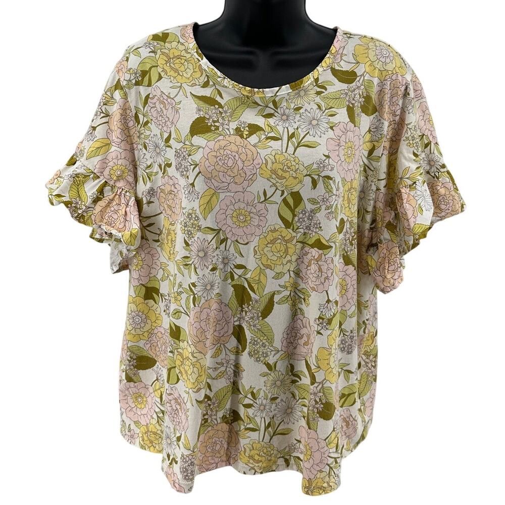 Who What Wear Blouse WMNS XL Yellow Pink Floral Ruffled Short Sleeve Round Neck